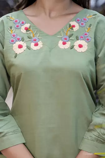 Silk blend pista casual wear hand work kurta set