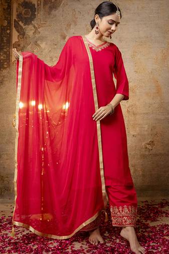 Silk blend bright red party wear embroidery work kurta set