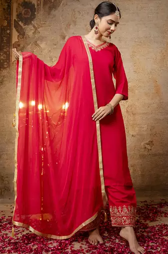 Silk blend bright red party wear embroidery work kurta set