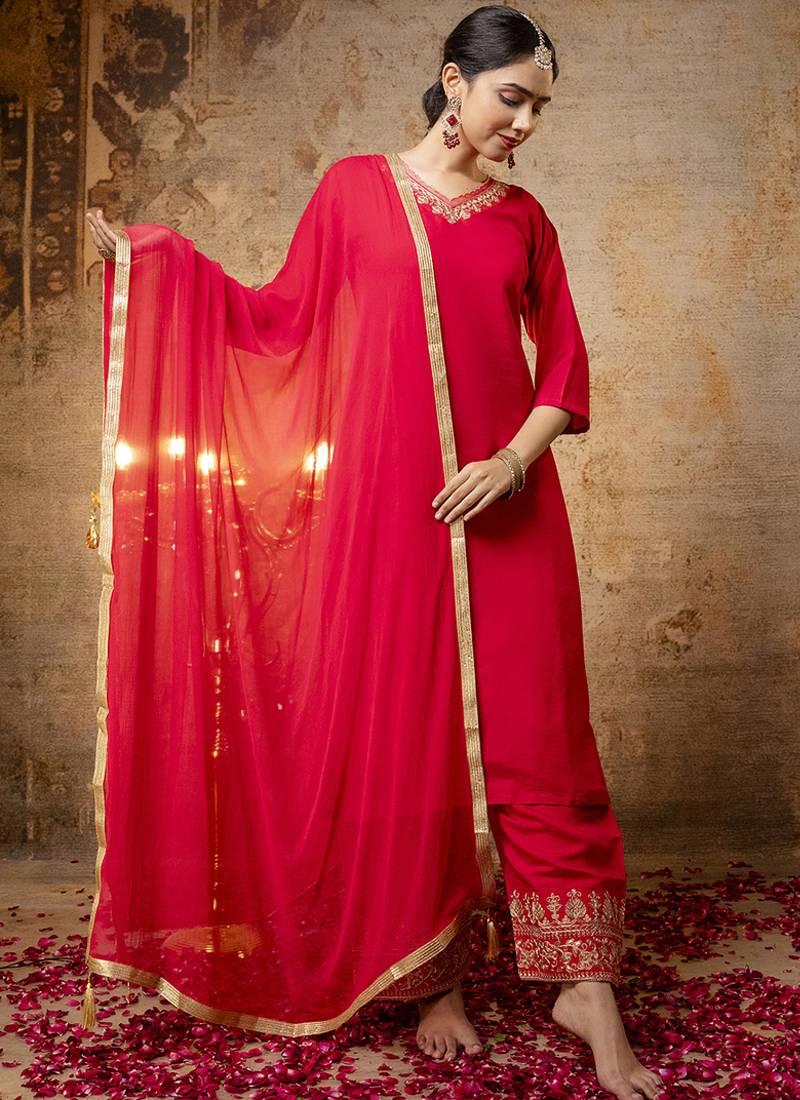 Silk blend bright red party wear embroidery work kurta set