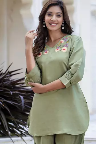 Silk blend pista casual wear hand work kurta set