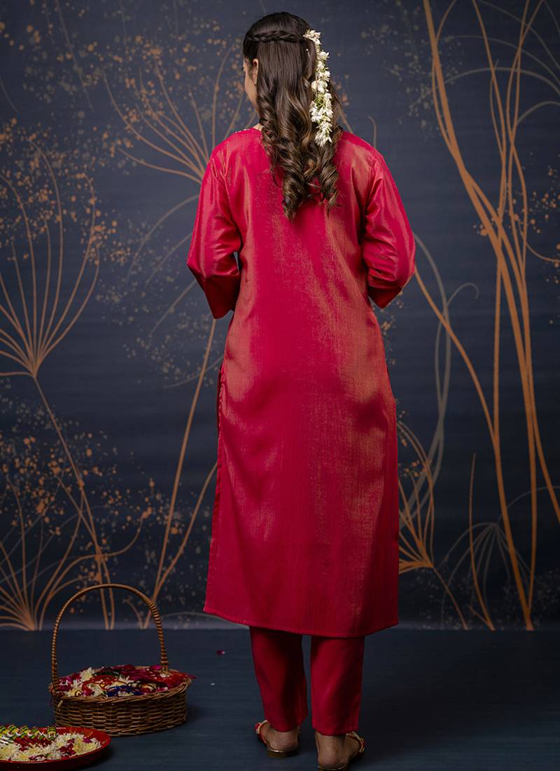 Shimmer silk olive green casual wear hand work kurta set