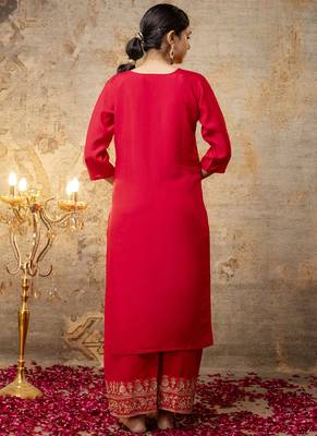 Silk blend bright red party wear embroidery work kurta set 2