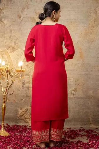 Silk blend bright red party wear embroidery work kurta set