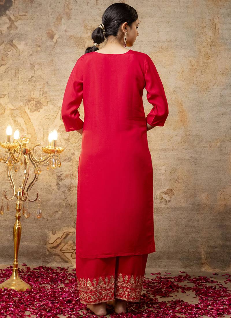 Silk blend bright red party wear embroidery work kurta set