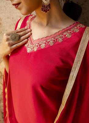 Silk blend bright red party wear embroidery work kurta set 3