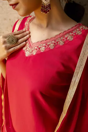 Silk blend bright red party wear embroidery work kurta set