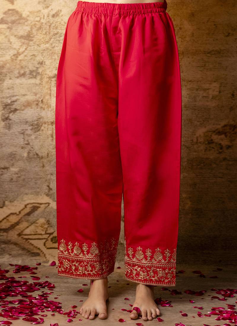 Silk blend bright red party wear embroidery work kurta set