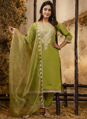 Silk blend olive green party wear embroidery work kurta set 1