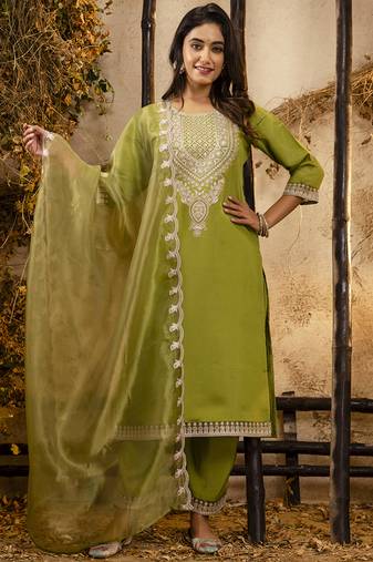 Silk blend olive green party wear embroidery work kurta set