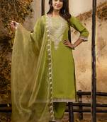 Silk blend olive green party wear embroidery work kurta set