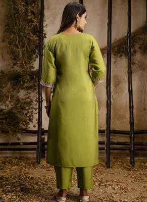 Silk blend olive green party wear embroidery work kurta set 2