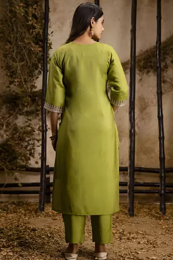 Silk blend olive green party wear embroidery work kurta set