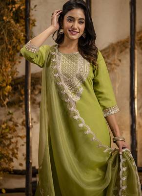 Silk blend olive green party wear embroidery work kurta set 3