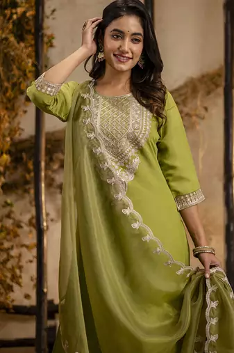 Silk blend olive green party wear embroidery work kurta set