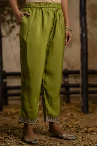 Silk blend olive green party wear embroidery work kurta set