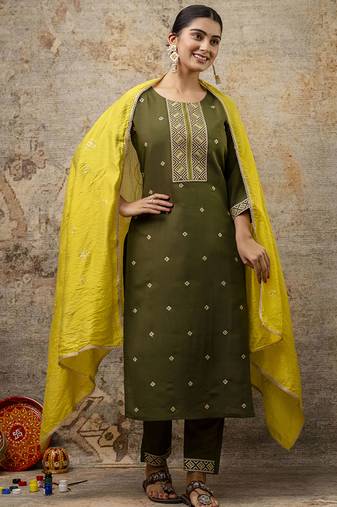 Silk blend mehendi party wear embroidery work kurta set