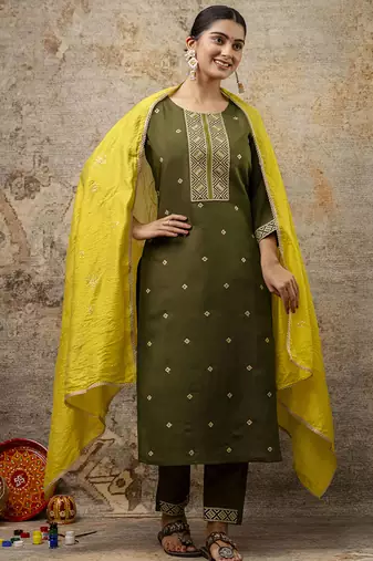Silk blend mehendi party wear embroidery work kurta set