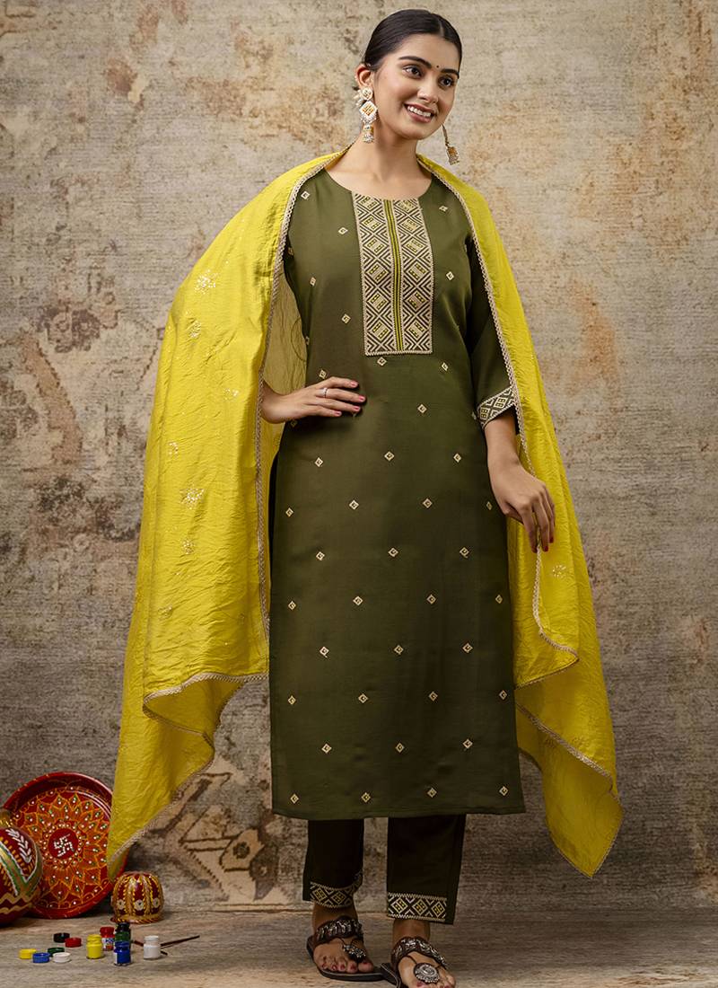 Silk blend mehendi party wear embroidery work kurta set