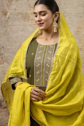 Silk blend mehendi party wear embroidery work kurta set