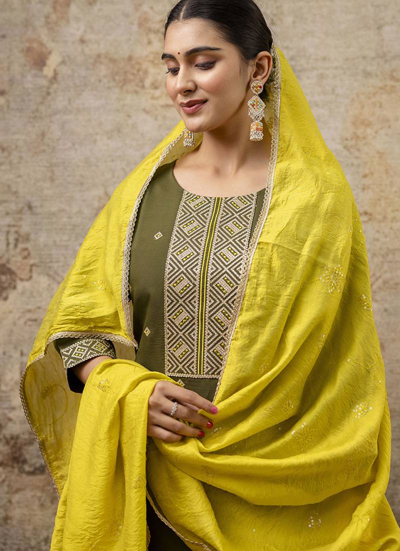 Silk blend mehendi party wear embroidery work kurta set