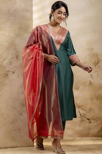 Viscose rayon bottle green casual wear embroidery work kurta set