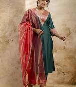 Viscose rayon bottle green casual wear embroidery work kurta set