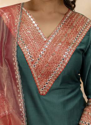 Viscose rayon bottle green casual wear embroidery work kurta set 2