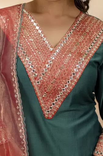 Viscose rayon bottle green casual wear embroidery work kurta set
