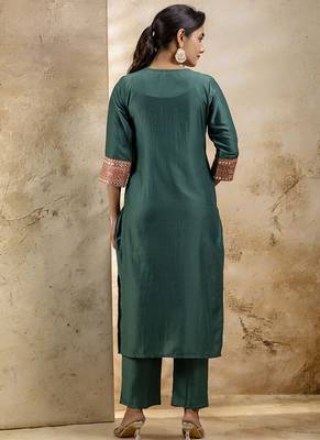 Viscose rayon bottle green casual wear embroidery work kurta set 3