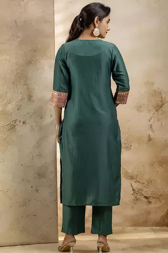 Viscose rayon bottle green casual wear embroidery work kurta set