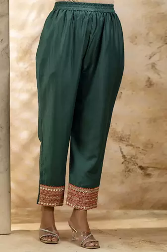 Viscose rayon bottle green casual wear embroidery work kurta set