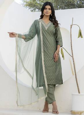 Chanderi silk mehendi casual wear embroidery work kurta set 1