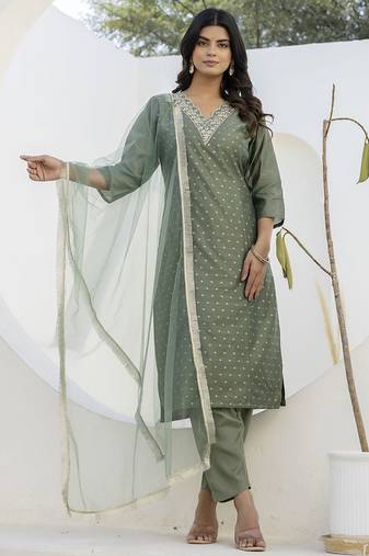 Chanderi silk mehendi casual wear embroidery work kurta set