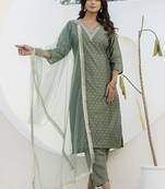 Chanderi silk mehendi casual wear embroidery work kurta set