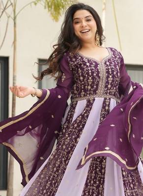 Faux Blooming Heavy Sequins Embroidered Stitched Gown with Dupatta     Wine | 56" Length 1