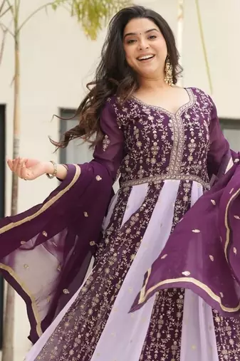 Faux Blooming Heavy Sequins Embroidered Stitched Gown with Dupatta     Wine | 56" Length