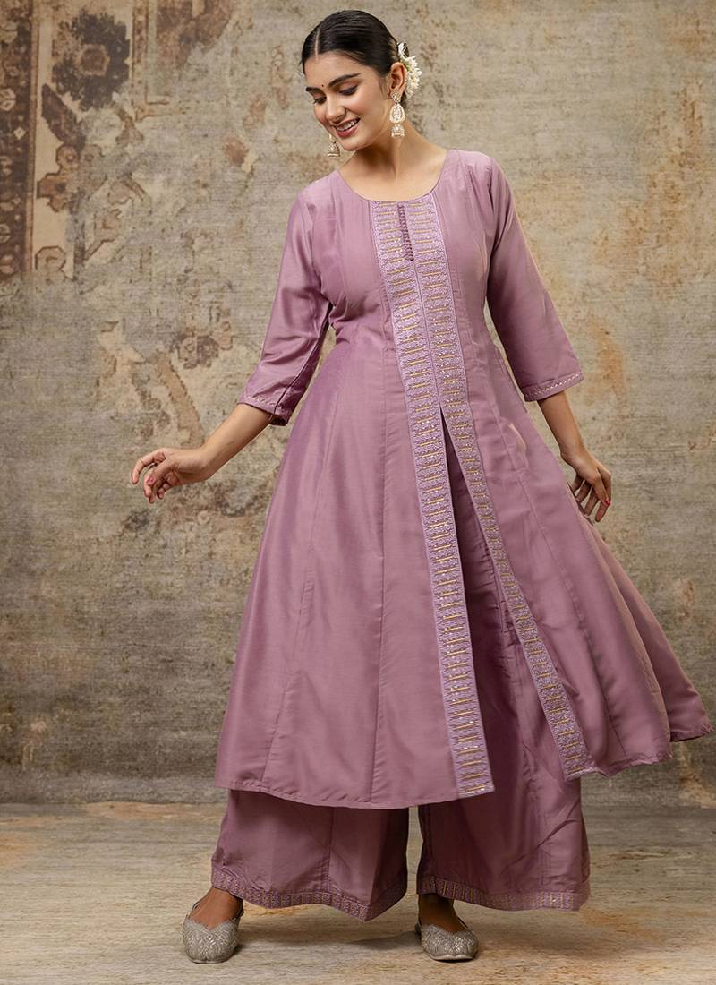 Silk blend dusty pink casual wear embroidery work readymade plazzo suit