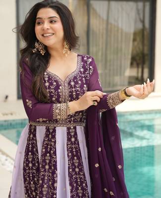 Faux Blooming Heavy Sequins Embroidered Stitched Gown with Dupatta     Wine | 56" Length 3