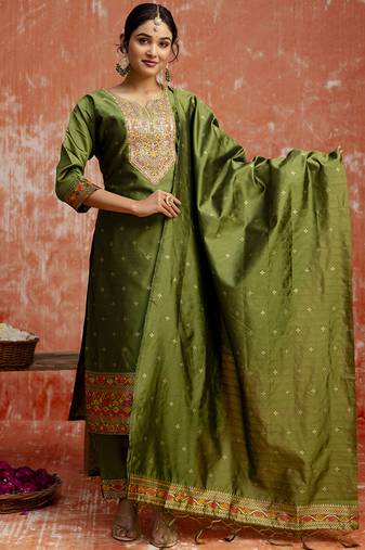 Cotton silk blend mehendi casual wear embroidery work kurta set