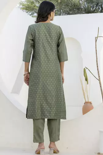 Chanderi silk mehendi casual wear embroidery work kurta set
