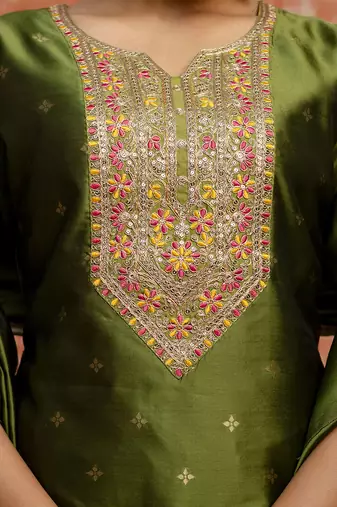 Cotton silk blend mehendi casual wear embroidery work kurta set