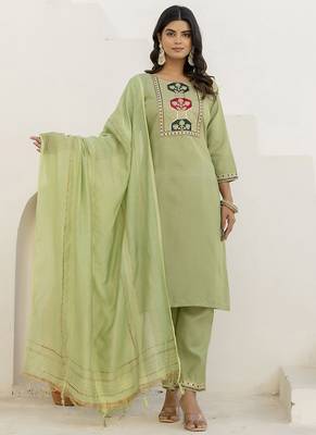 Cotton blend pista casual wear embroidery work kurta set 1