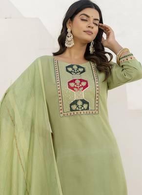 Cotton blend pista casual wear embroidery work kurta set 2
