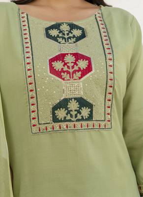 Cotton blend pista casual wear embroidery work kurta set 3