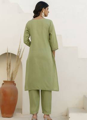 Cotton blend pista casual wear embroidery work kurta set 4