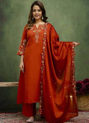 Silk blend rust orange party wear embroidery work kurta set 1