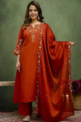 Silk blend rust orange party wear embroidery work kurta set