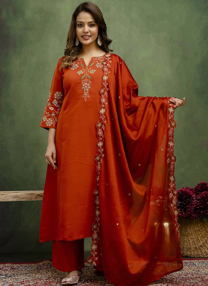 Silk blend rust orange party wear embroidery work kurta set