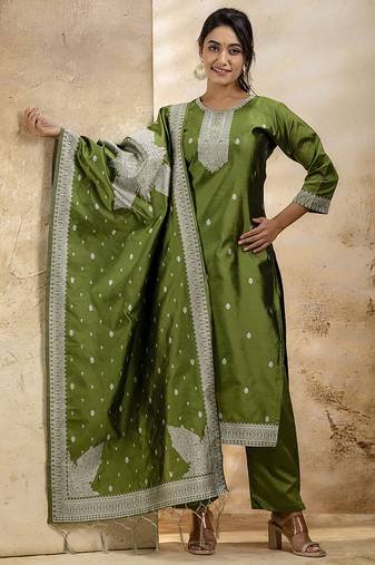Cotton blend mehendi party wear weaving work kurta set